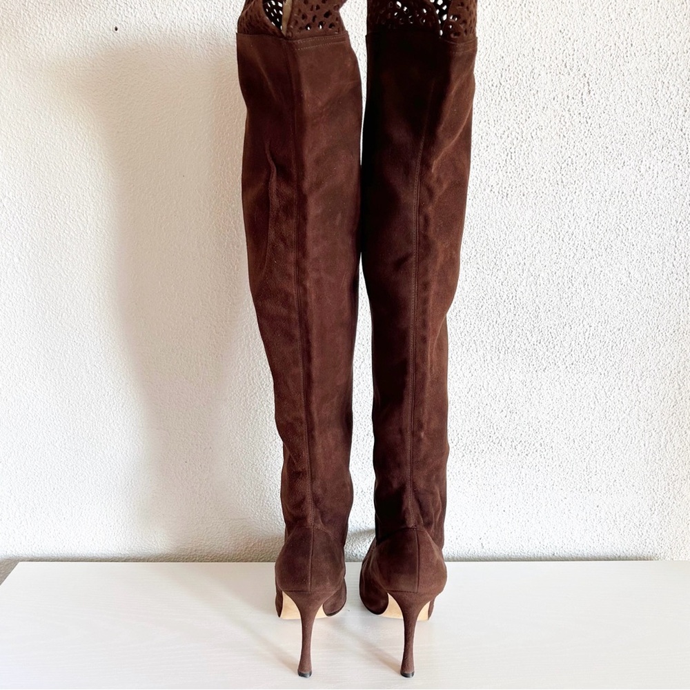 Manolo Blahnik Brown Suede Scalloped Over-the-Knee Boots EU 37 US 7 - Picture 6 of 11